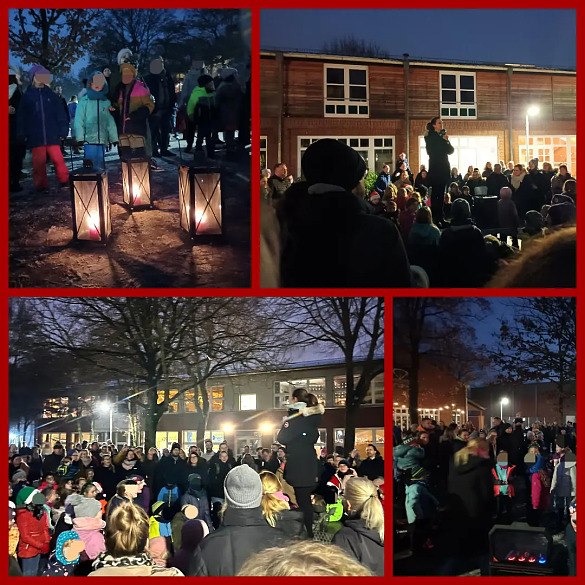 Hier ist zu sehen, wie Schulkinder gemeinsam Weihnachtslieder singen.