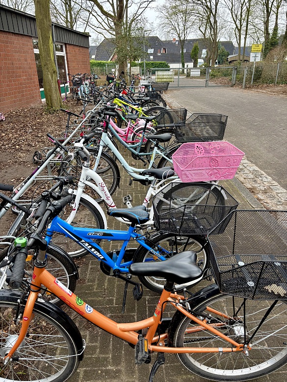 Hier ist ein Fahrradständer mit Fahrrädern zu sehen.