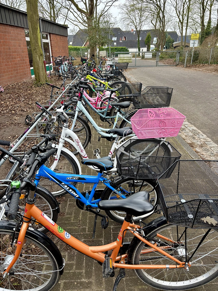 Hier ist ein Fahrradständer mit Fahrrädern zu sehen.