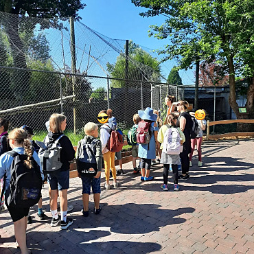 Hier ist eine Gruppe Schüler zu sehen, die sich ein Tiergehege anschauen.