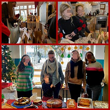 Hier ist eine Fotocollage zu sehen, auf der Eltern und Kinder beim Verkauf auf dem Weihnachtsbasar zu sehen sind.