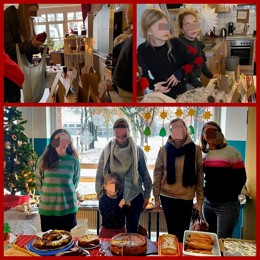 Hier ist eine Fotocollage zu sehen, auf der Eltern und Kinder beim Verkauf auf dem Weihnachtsbasar zu sehen sind.