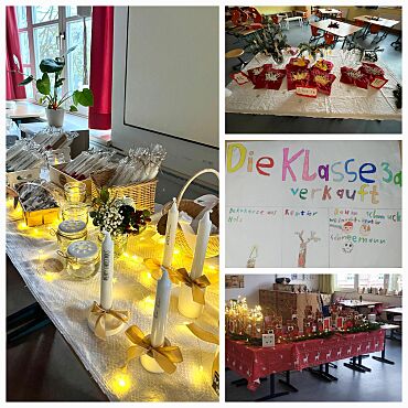 Hier ist eine Fotocollage zu sehen, auf der Stände des Weihnachtsbasars zu sehen sind.